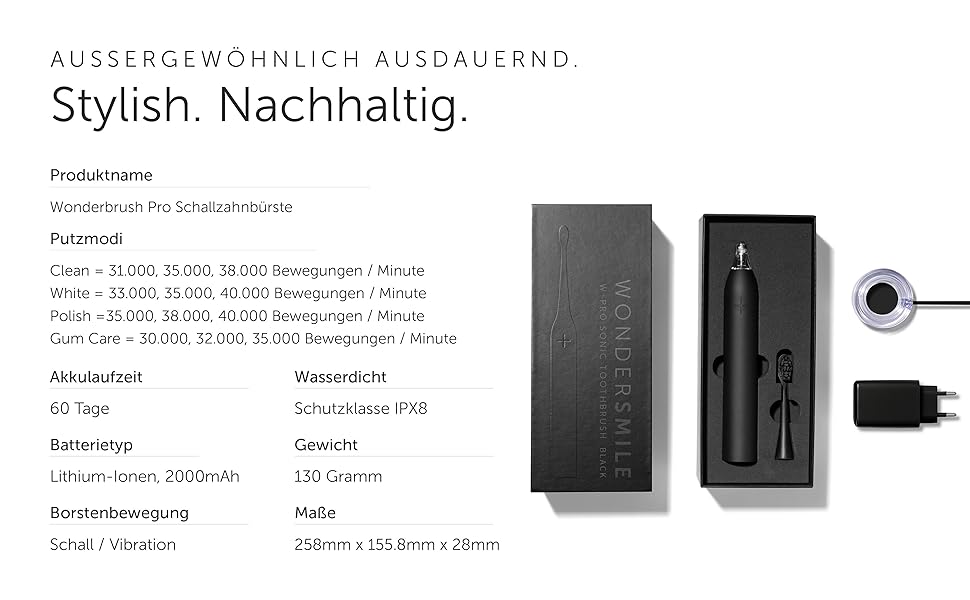 Електрична зубна щітка Wondersmile PRO - Перевірена TÜV, 4 режими, 60 днів роботи від акумулятора, чорний комплект для догляду за порожниною рота