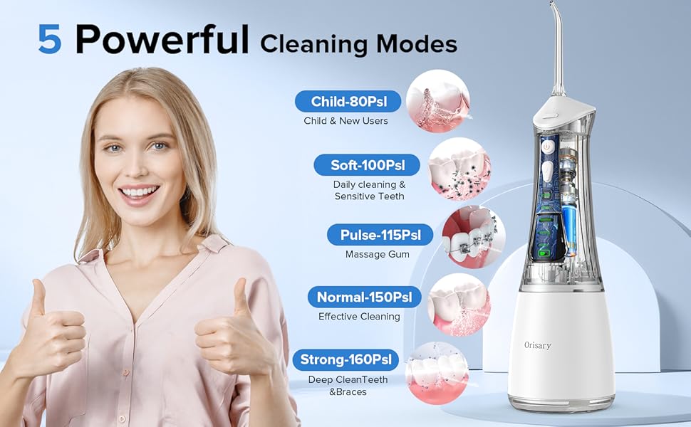 Електричний ірigator Munddusche з 5 режимами та 5 насадками, 300 мл резервуар, перезаряджуваний, для догляду за зубами, водонепроникний (IPX7)