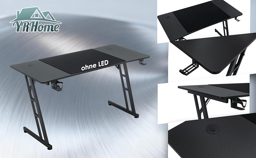 Ігровий стіл YRHome 120x60 см – стіл для комп'ютера з тримачем для напоїв, кабелепроводами та карбоновою поверхнею. Ергономічний стіл для геймерів та офісу, чорний (без LED). Розміри: 120 x 60 см