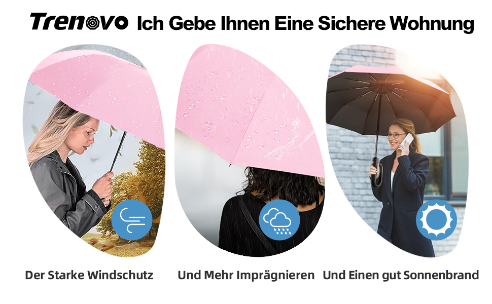 Парасолька для подорожей Trenovo, вітрозахисна, легка, компактна, захист від ультрафіолету, автоматична, преміум ручка, рожева, для жінок