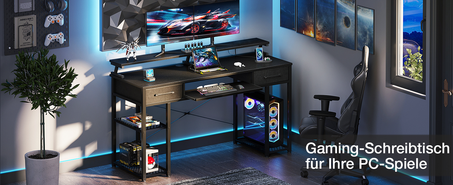 Комп'ютерний стіл ODK з ящиками 120x48 см, з полицею, для дому та офісу, чорний