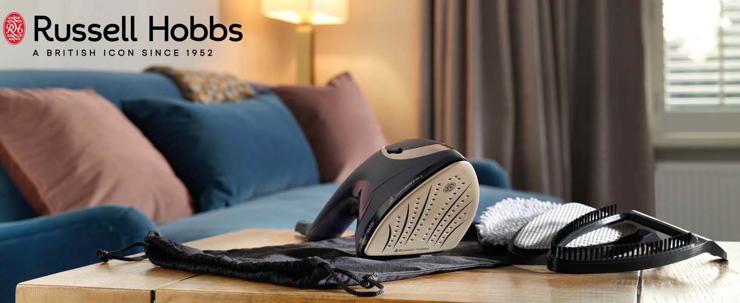 Праска Russell Hobbs Steam Genie 2-в-1: праска + відпарювач (1700W, 20г/хв, для одягу, штор, м'яких меблів, термостійка сумка)