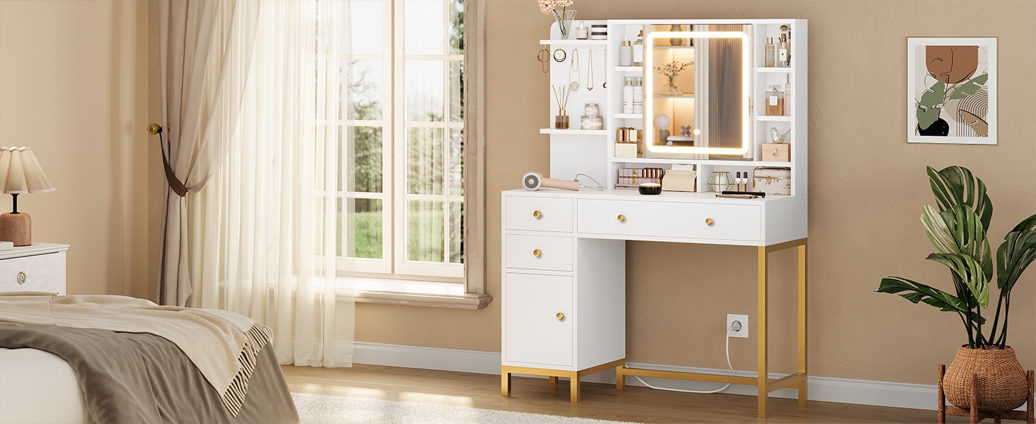 Трюмо AOGLLATI з розеткою, LED-підсвічуванням, регульованою яскравістю, шухлядами та полицями. Косметичний столик зі дзеркалом (білий)