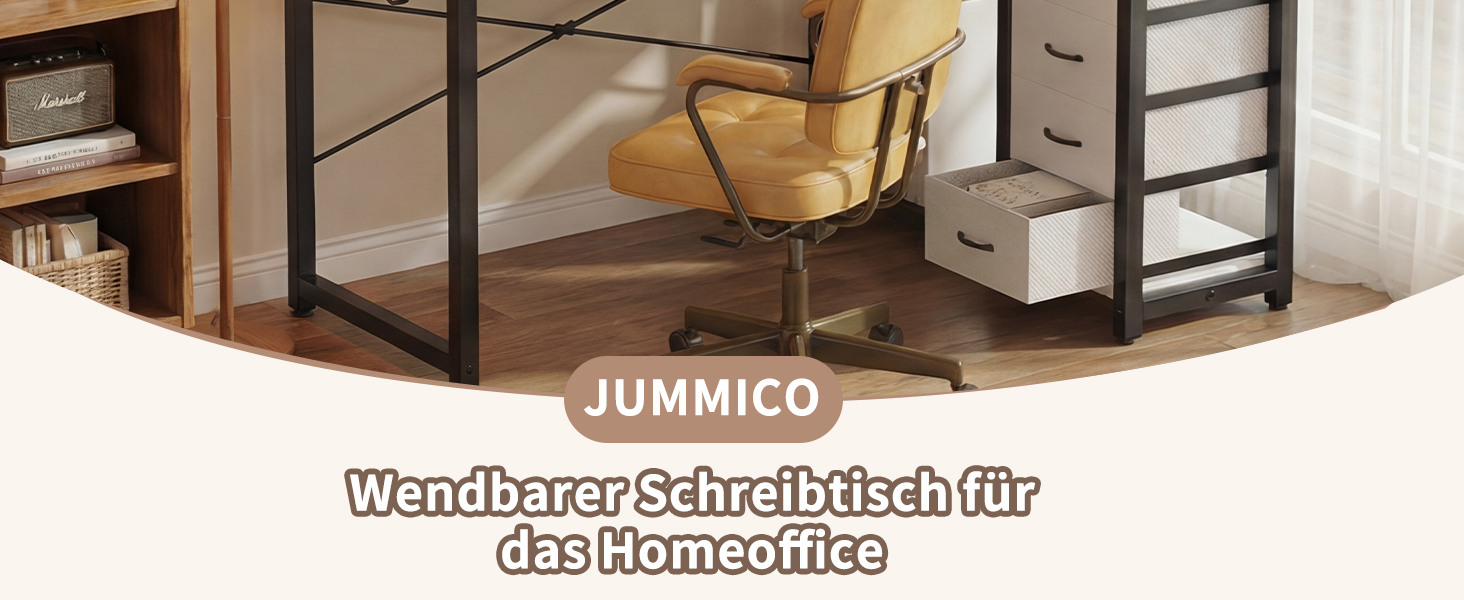 Кутовий комп'ютерний стіл JUMMICO L-подібний з 4 ящиками, розетками та USB, для дому/офісу, геймінгу, білий, 140x80 см