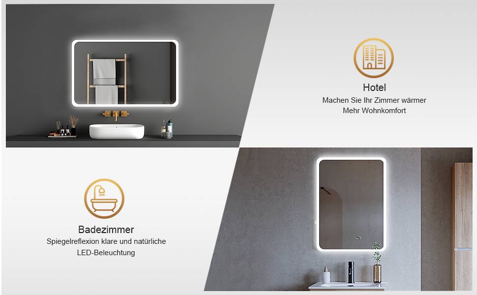 LED дзеркало для ванної кімнати з підсвічуванням 70x50 см, холодне біле світло 6000K, енергозберігаюче