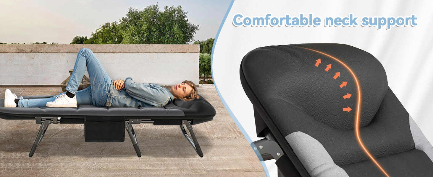 Розкладне кемпінгове ліжко-шезлонг XXL чорне, посилене польове ліжко з регульованою спинкою для відпочинку, рибалки та саду