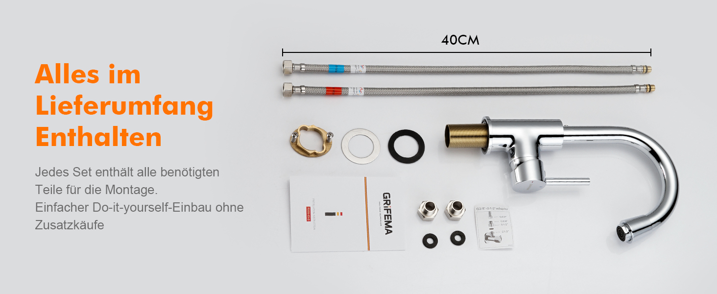 Змішувач для ванної кімнати GRIFEMA, одноlever, нержавіюча сталь, 180 мм, 3/8″, для гостей, G1002A (срібний)