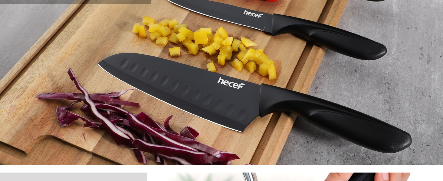 Набір кухонних ножів Hecef 15 предметів з бруском, чорний колір, антипригарне покриття, можна мити в посудомийній машині, самозаточуваний брусок, ергономічні ручки, набір ножів для кухні для початківців та кулінарів-ентузіастів (3 шт)