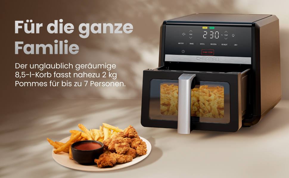 Фритюрниця Chefman TurboFry 8.5 л, 6-в-1, чорна: смаження, випікання, гриль, розігрів, гідратація, розморожування