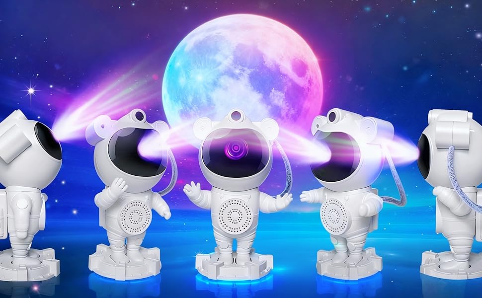 Нічник-проектор «Астронавт» зі звездним небом та галактикою, Bluetooth-динамік, білий шум, дистанційне керування та таймер, змінює кольори, 360° обертання, подарунок для дітей та дорослих