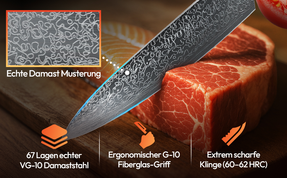 Японський ніж кухарський Damast 20см, 67 шарів Damast сталі, ергономічна ручка G-10, подарункова упаковка