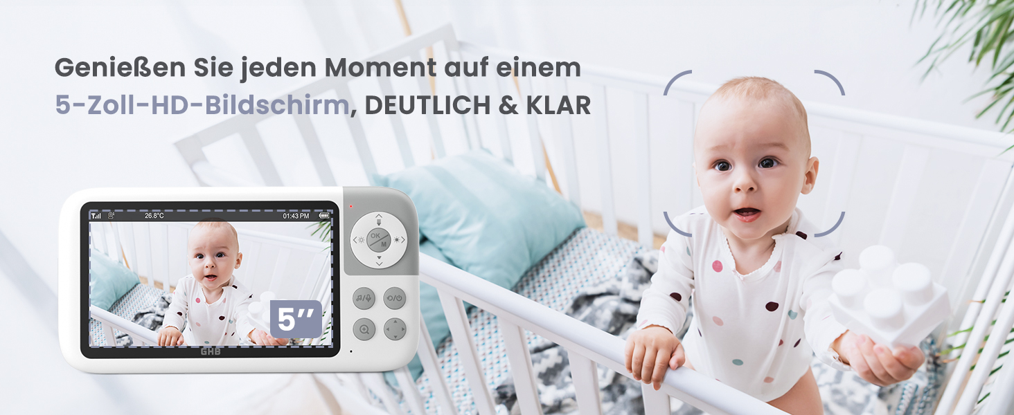 Відеоняня GHB з камерою 5'' HD IPS, 720P, 3050mAh, VOX, Zoom 3X, Нічне бачення, Зв'язок, 8 колискових, Підтримка 4 камер