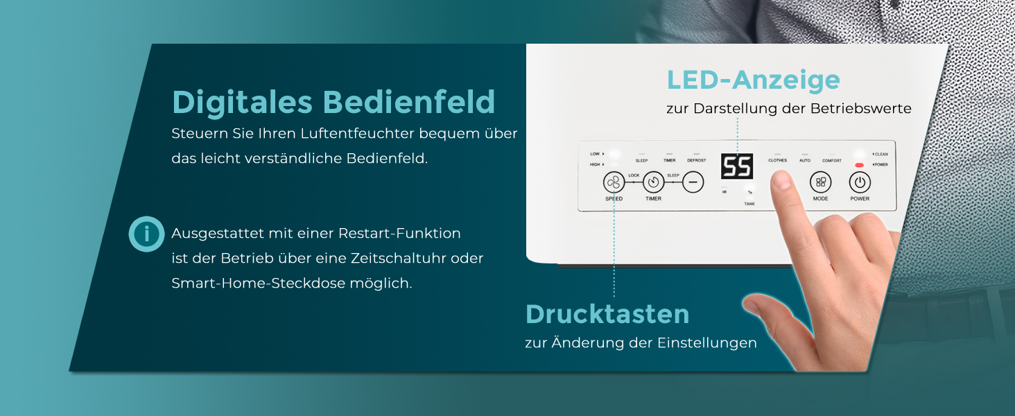 Електричний осушувач повітря AEF2000 - 20 л/день, до 30 м², тихий, з автовимкненням, гігростат, сенсорне дисплеї - для спальні та ванної кімнати