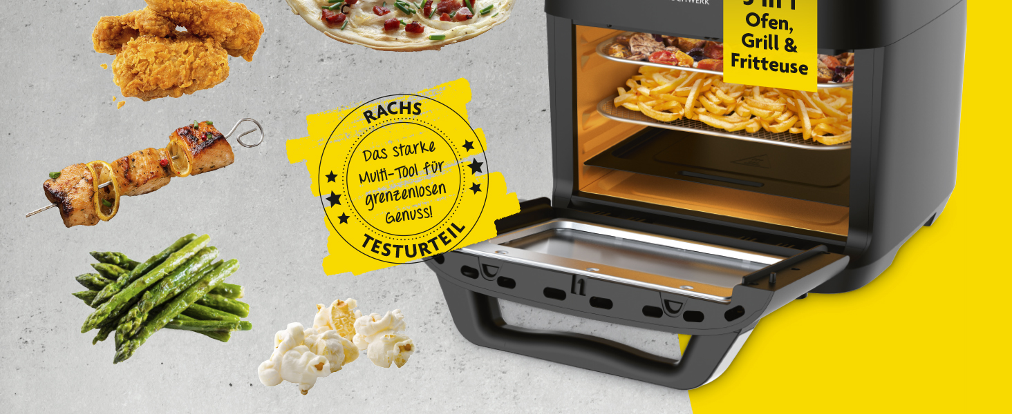 Аерофритюрниця Rachs KOCHWERK Vario-Doppelkammer з подвійною камерою на 9-12 л, 2700 Вт, сенсорне керування, 8 програм, Smart-Cook, чорна