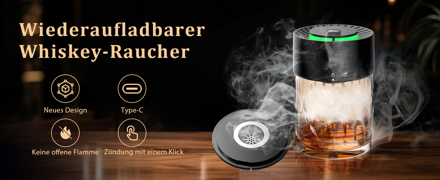 iDiskk Набір для копчення коктейлів: електричний димогенератор для віскі, бурбон, міксологія, вбудований запальник, 6 дерев'яних стружок
