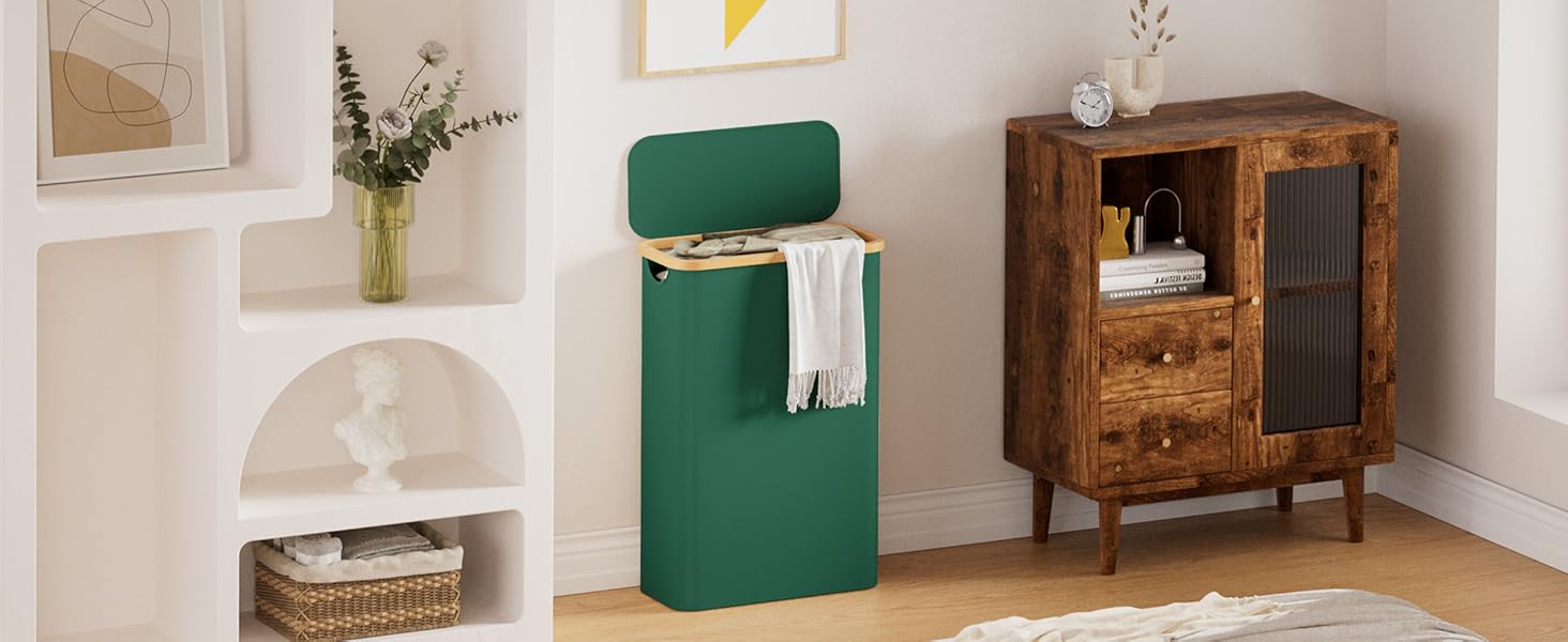 Кошик для білизни Youdenova з кришкою, 48л, вузький, з мішком, сортувальник, бамбук, білий