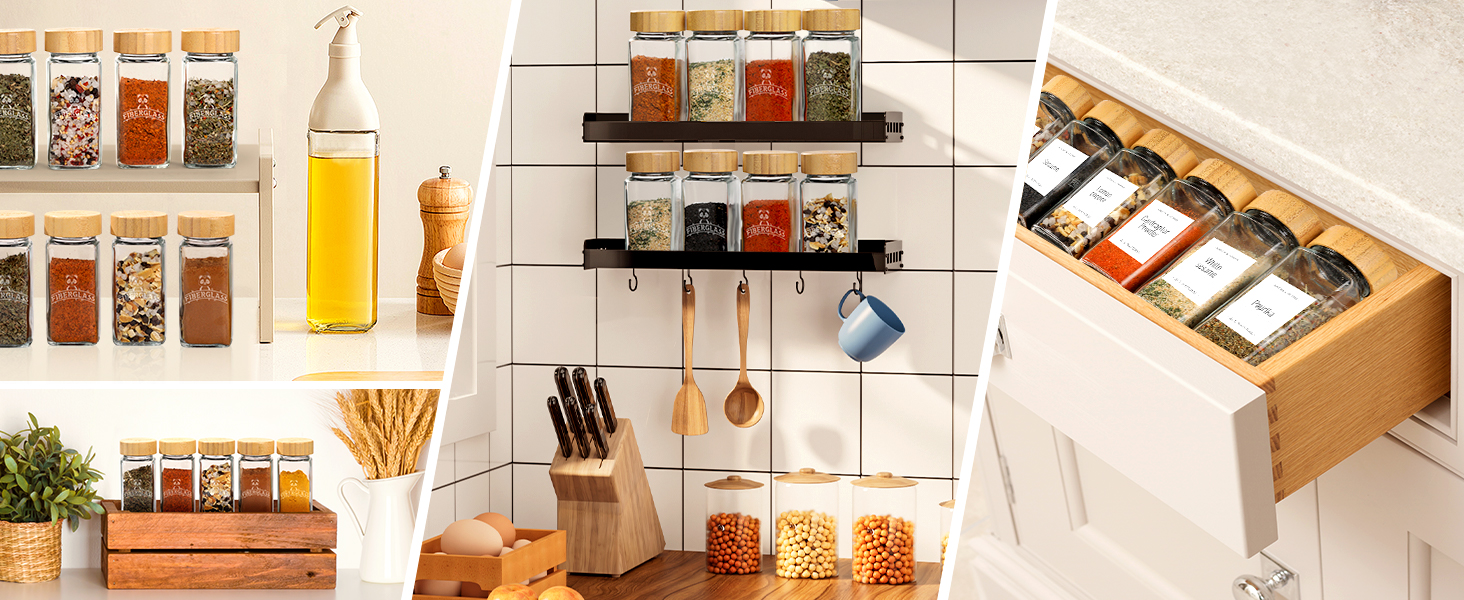 Набір скляних банок для спецій з дерев'яними кришками з акації, 24 шт по 120 мл