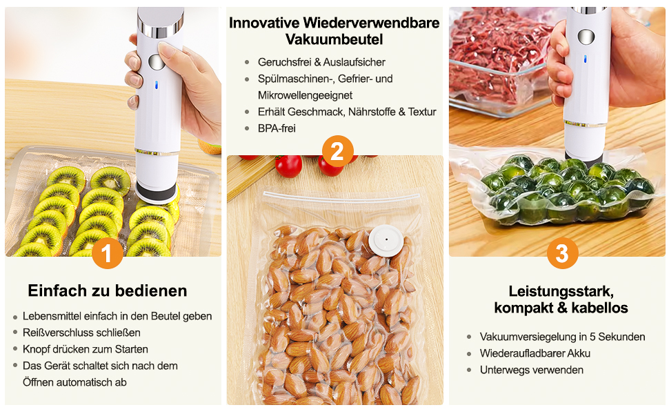 Вакууматор для продуктів харчування, компактний вакуумний пакувальник для безперервного використання з набором з 30 вакуумних пакетів