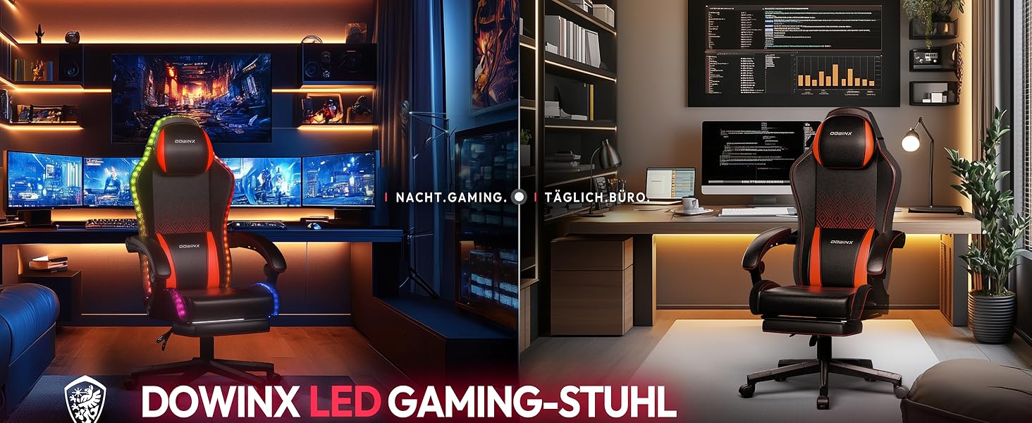 Ігровий крісло Dowinx з RGB підсвічуванням, LED, з підніжкою, для дорослих, ергономічний, з масажем попереку, PU шкіра, білий (червоний)