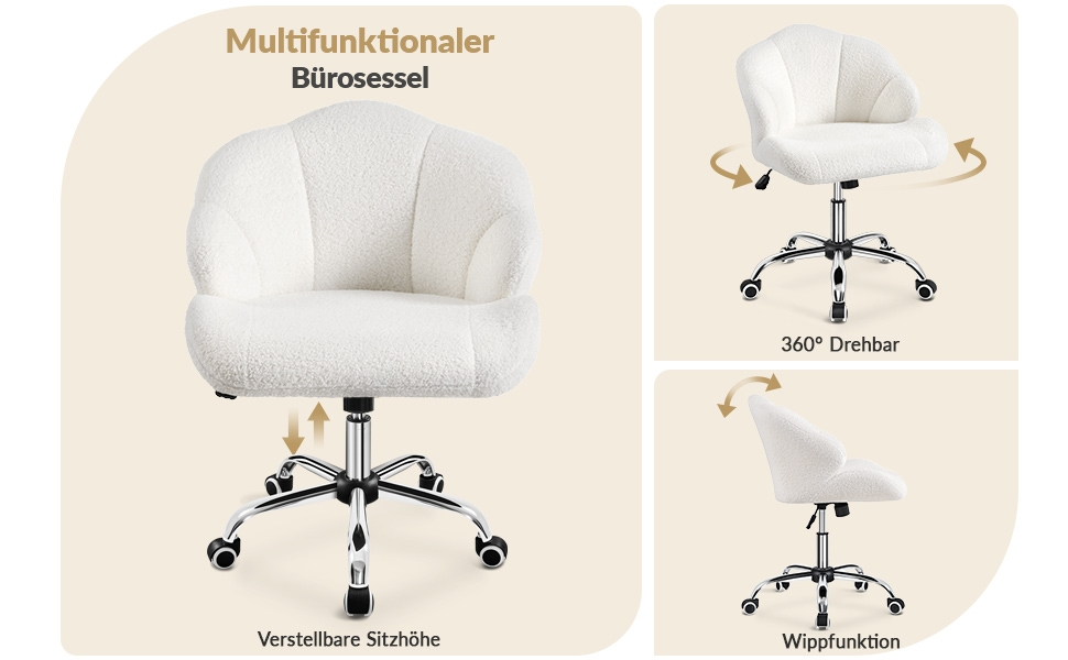 Крісло для дому та офісу Yaheetech, крісло для макіяжу, регульоване по висоті, поворотне, офісне крісло у формі мушлі, крісло з роликами, оксамитове крісло, до 136 кг, білий (сніжно-білий)