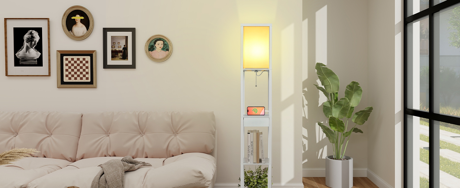 Торшер Fullwatt з дерев'яною поличкою та внутрішньою підсвіткою для спальні та вітальні, білий колір