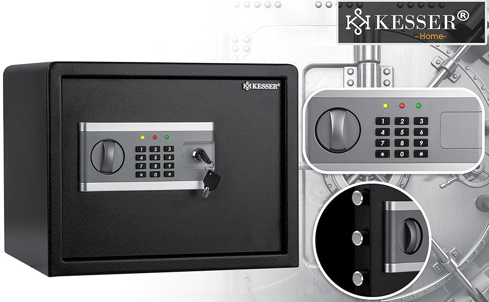 Електронний сейф KESSER® | 38x30x30 см | Вбудована батарея | Сейф з цифровим замком | 3-х рівнева замикаюча система | Настінний/підлоговий сейф | Сейф для дому | Внутрішнє освітлення | Чорний |