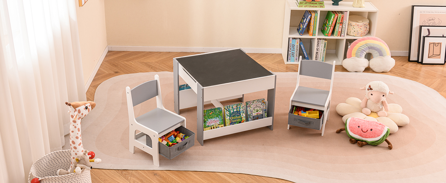 Детский стол со стульями COSTWAY 3 в 1, деревянная мебель для детей от 3 лет с откидной столешницей, полкой и ящиками