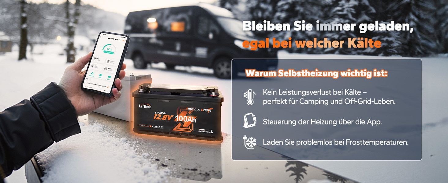 LiFePO4 акумулятор LiTime 12V 100Ah H190 з Bluetooth для кемпінгу та будинків на колесах, літієва батарея