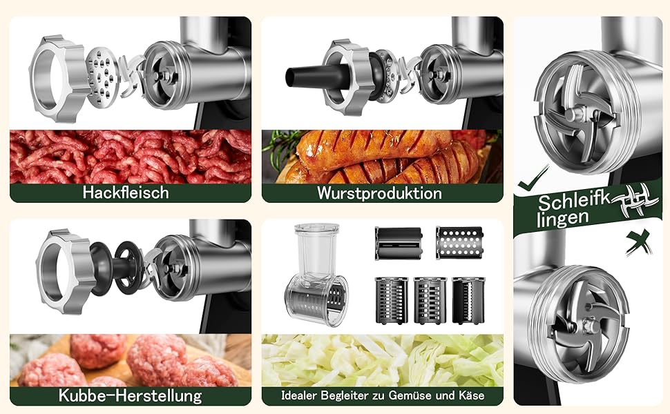 Електрична м'ясоподрібнювач STANEW 2500W з нержавіючої сталі [4-в-1] з 5 лезами (хвильовий ніж/різання/тертка) та подвійним мотором - для м'яса, овочів, зелені + насадка для ковбас та для вирізання печива