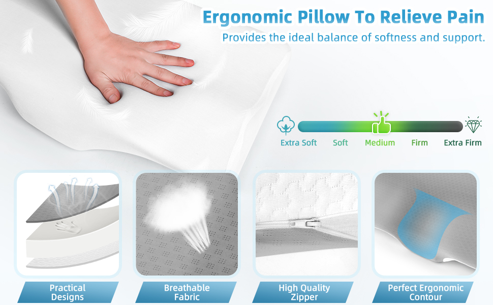 Ергономічна подушка з ефектом пам'яті (Memory Foam) для шиї та підтримки хребта, ортопедична подушка для сну на боці та спині з бамбуковим чохлом, сіра