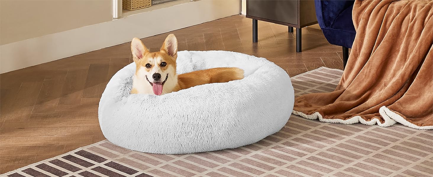 Лежак для собак Bedsure Donut XXL - Ø 115 см, пухнастий, миється (Д 91 x Ш 91 x В 25 см, світло-сірий)