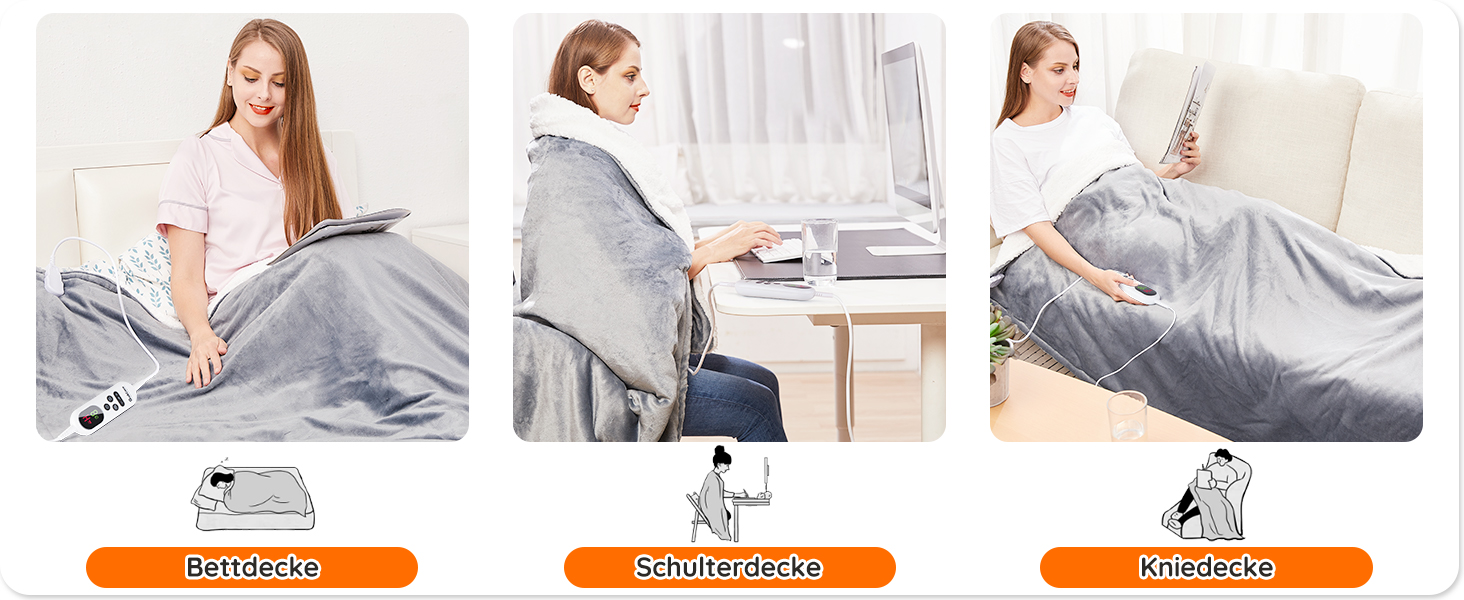 Електрична ковдра Mia&Coco з автовимкненням 160x130 см, 10 рівнів нагріву, таймер 9 год, захист від перегріву, пральна машина, фланелева ковдра для ліжка, дивана та вітальні, сіра, 130x160 см