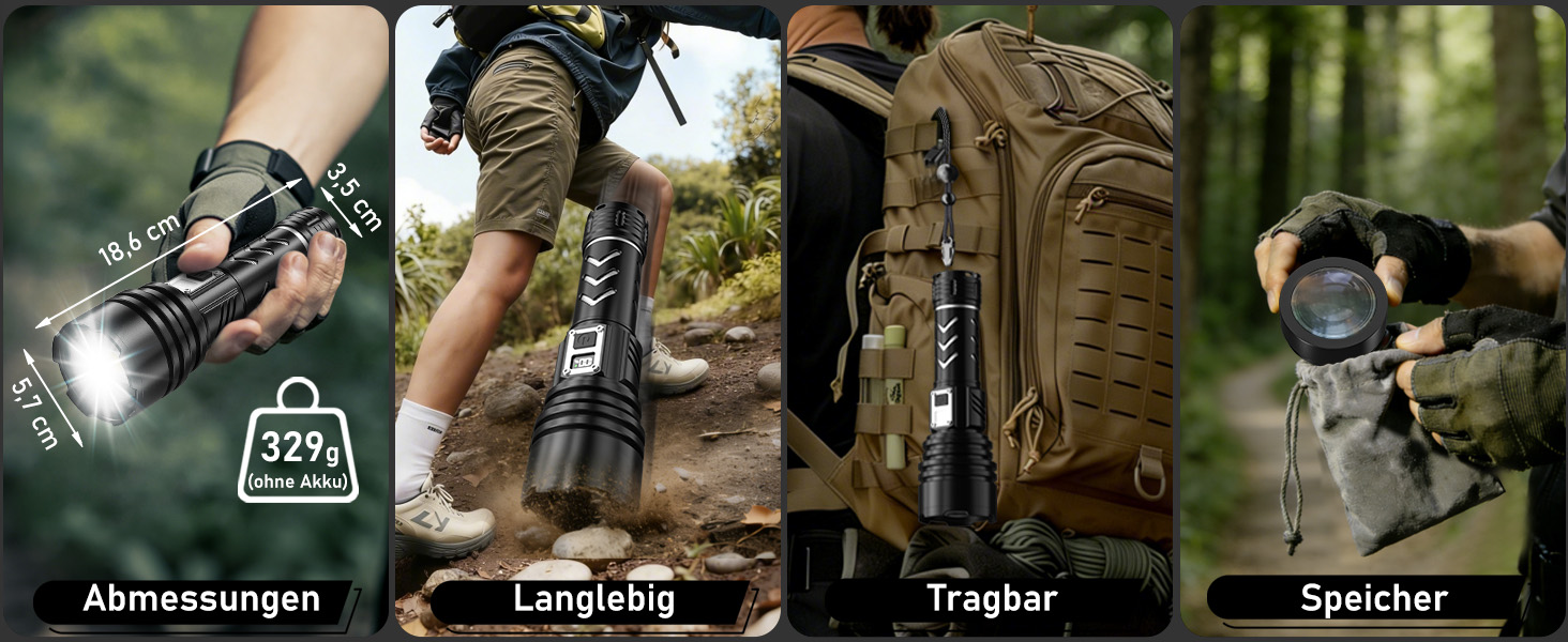 Потужний тактичний ліхтарик Shadowhawk LED 1 000 000 Лм, 50Вт, акумулятор 6000mAh, дальність 1000м, LCD-дисплей, функція розпалювання вогню, чорний — для кемпінгу та виживання