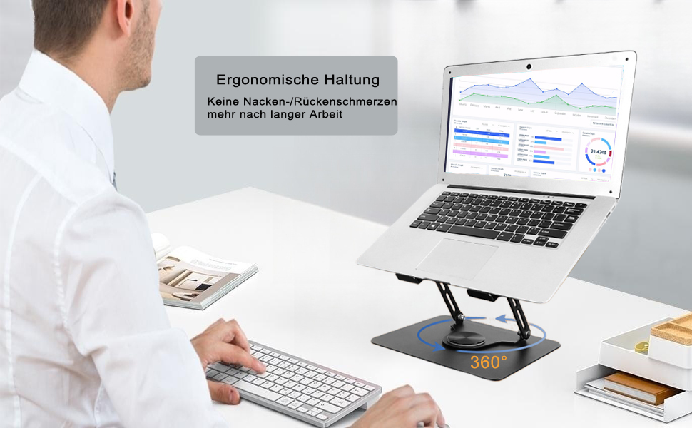 Підставка для ноутбука з регулюванням висоти та поворотним підставою 360°, ергономічна, вентильована, чорна (10-17 дюймів)