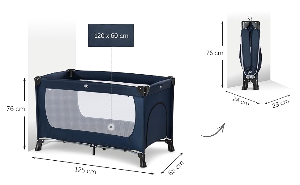 Дорожнє ліжечко Hauck 120 x 60 см, для немовлят і дітей від народження до 15 кг, Легке, Компактне складання, Включає сумку для транспортування та відкидне дно, Сліпон, Темно-синій (сірий, Dream N Play Plus)