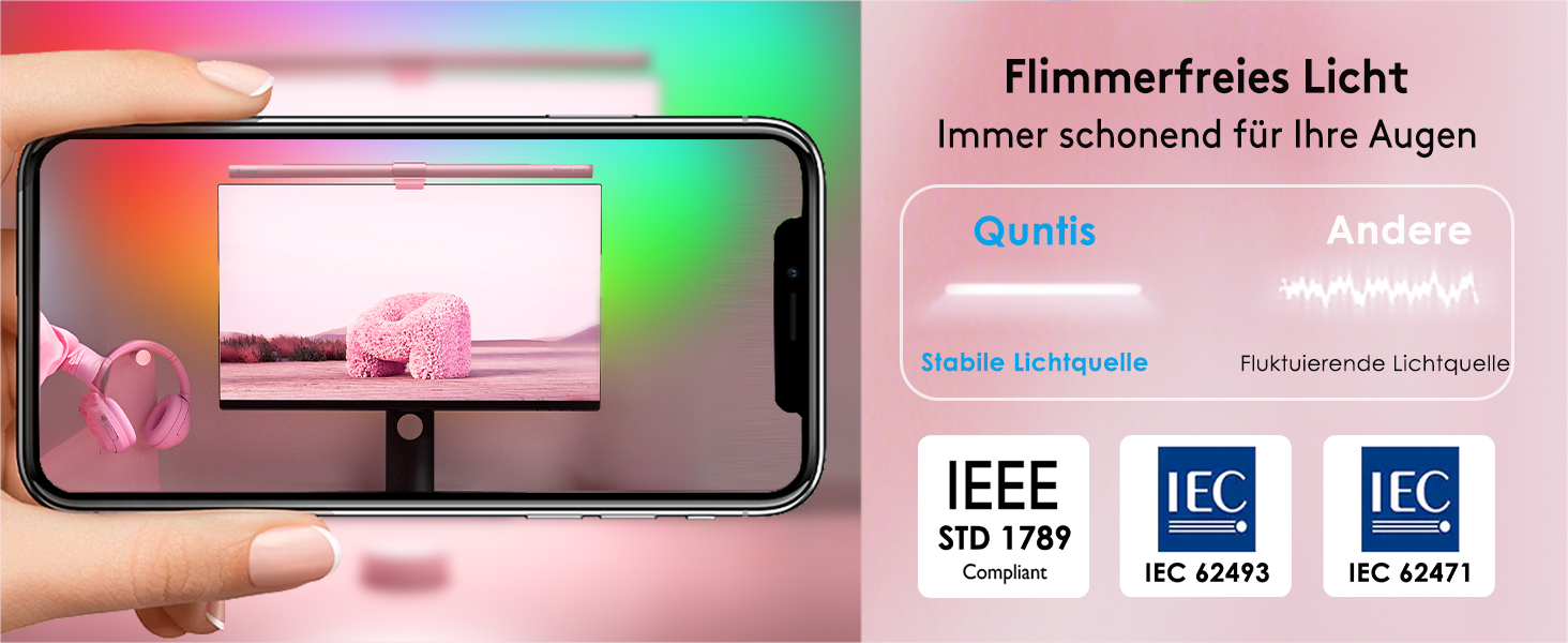 RGB-лампа для монітора Quntis 51 см з підсвічуванням, пультом керування, 15 режимів, для геймінгу, USB, для ПК, офісу