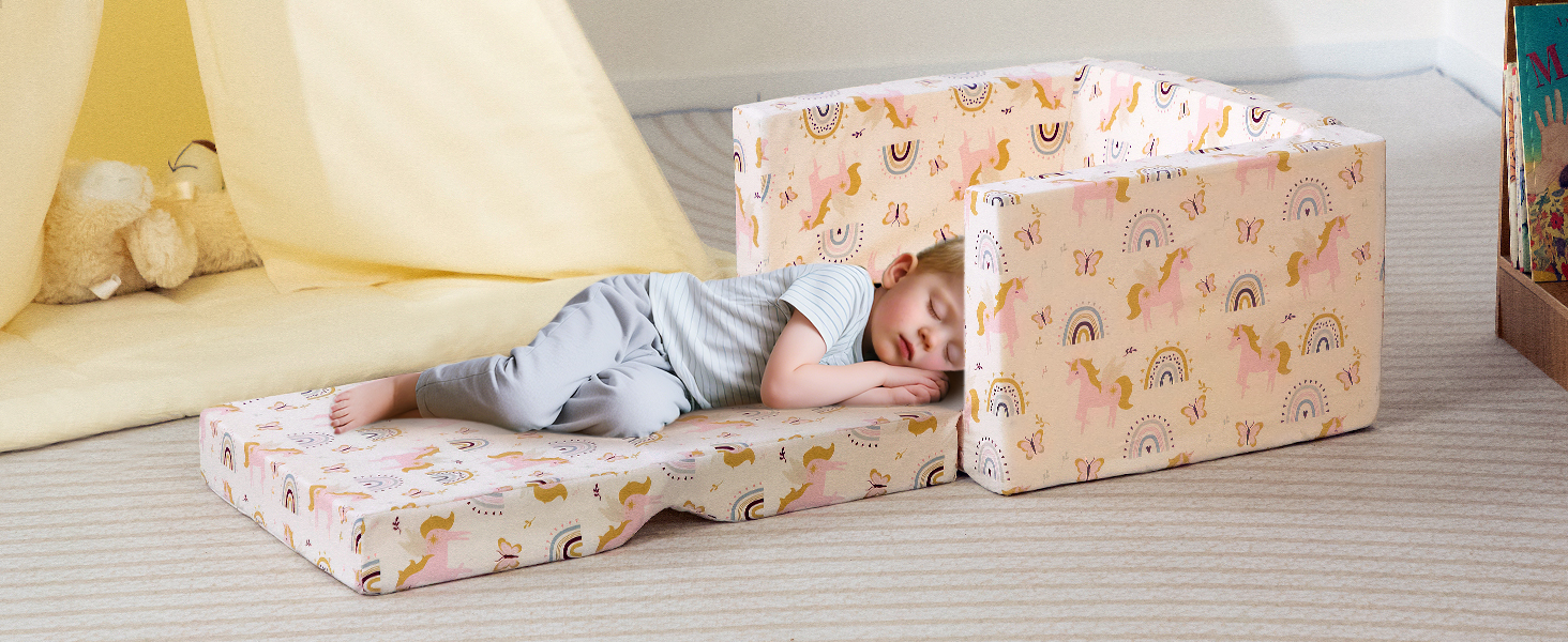 Дитяче розкладне диван-крісло BEJOY 2 в 1, Sherpa, з єдинорогом, бежевий, для дитячої кімнати, подарунок на день народження