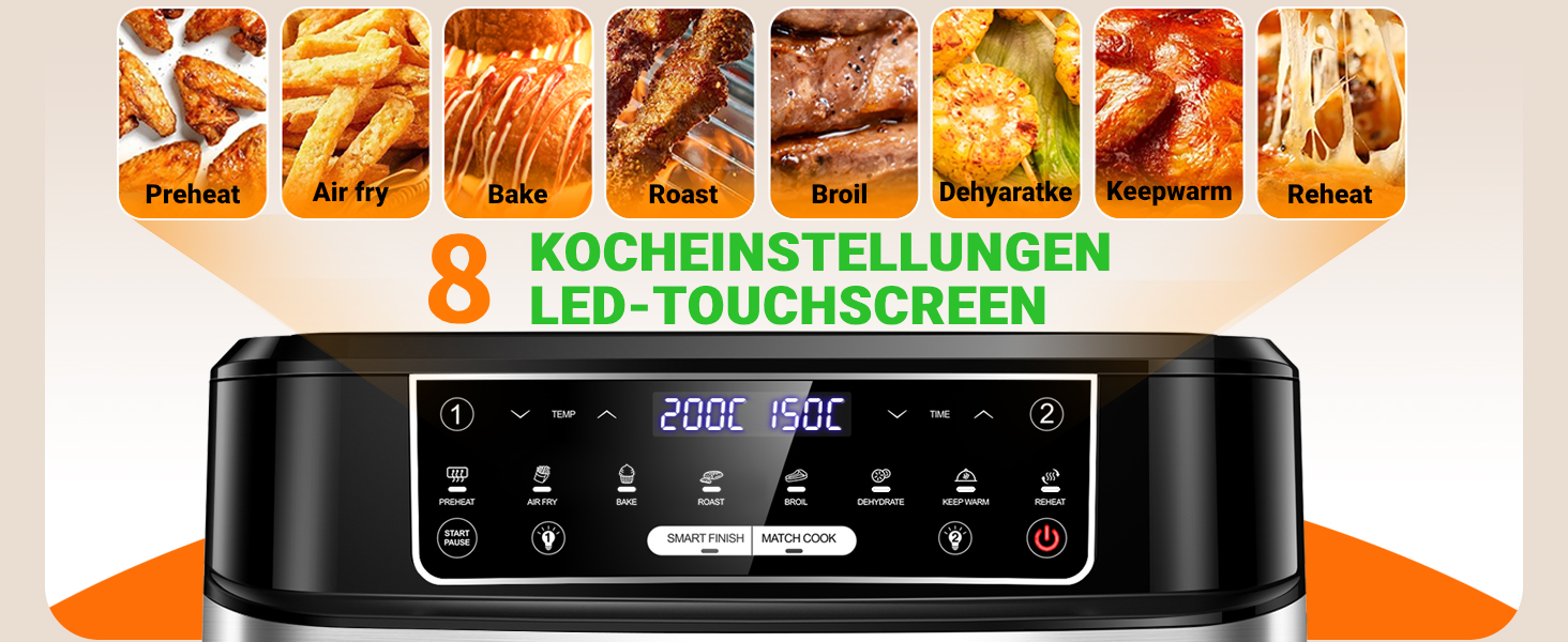 Фритюрниця повітряна XXL з двома камерами | 12л, 8-в-1, регулювання температури, сенсорний екран, до 200°C, для смаження без олії (срібна)