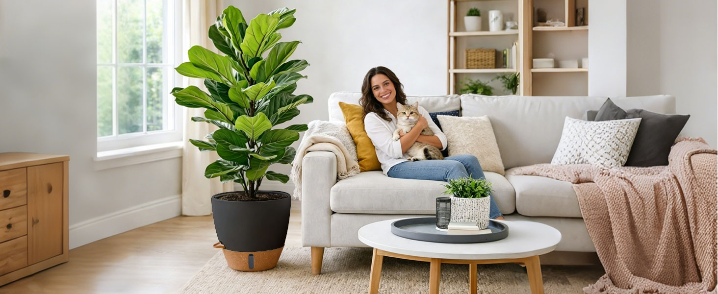 Набір з 4 самополивних горщиків T4U з індикатором рівня води, 30 см, чорний, для дому та саду