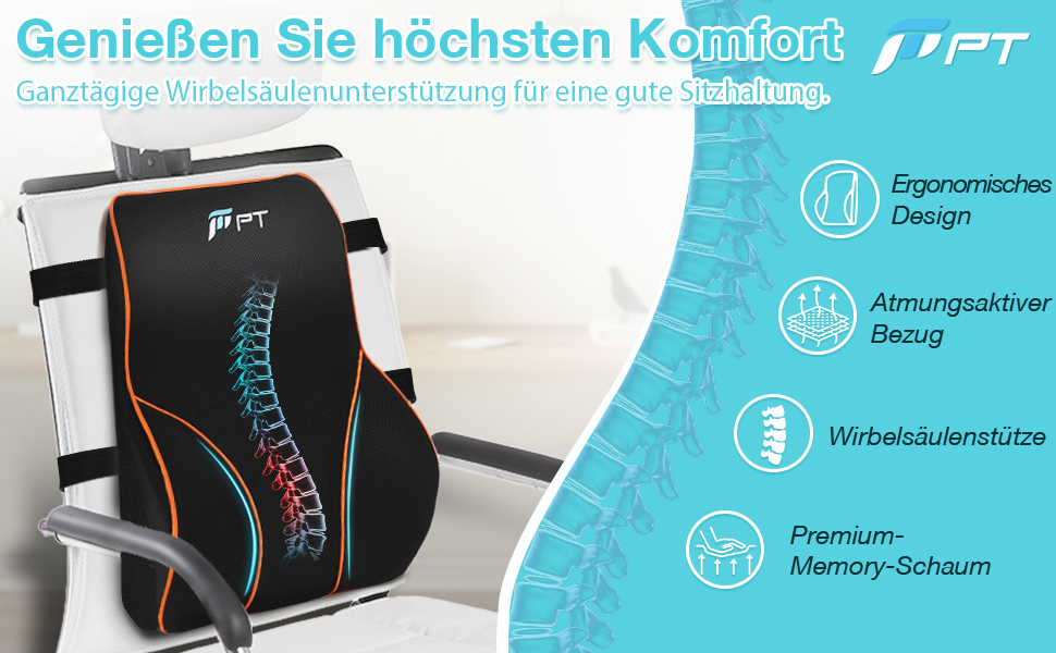 Подушка для спини POOTACK з Memory Foam - ергономічна підтримка для офісного, ігрового крісла та авто, чорна