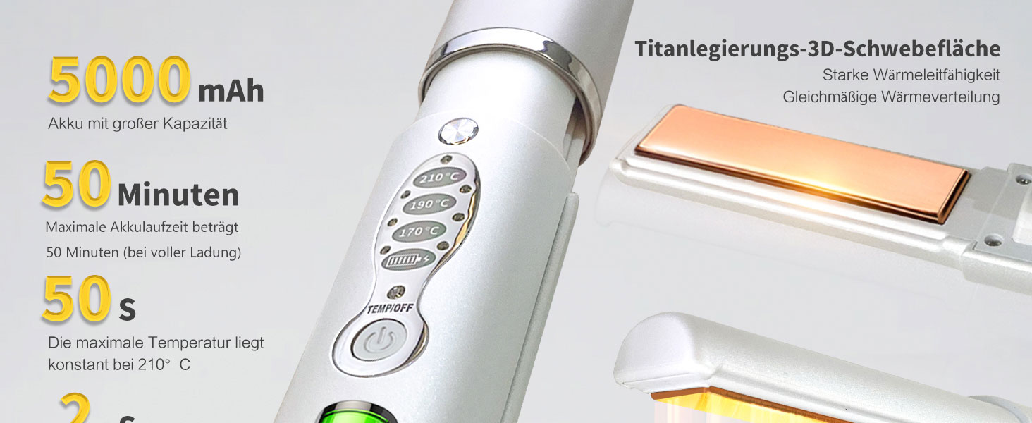 Бездротовий випрямляч для волосся Titan 2-в-1 з акумулятором 5000mAh (випрямляч та плойка) для всіх типів волосся, білий