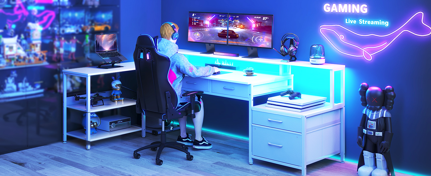 Комп'ютерний стіл кутовий Coleshome з шухлядами, 195x100 см, з розеткою, LED-підсвіткою та підставкою для монітора, реверсивний, з полицею для офісу