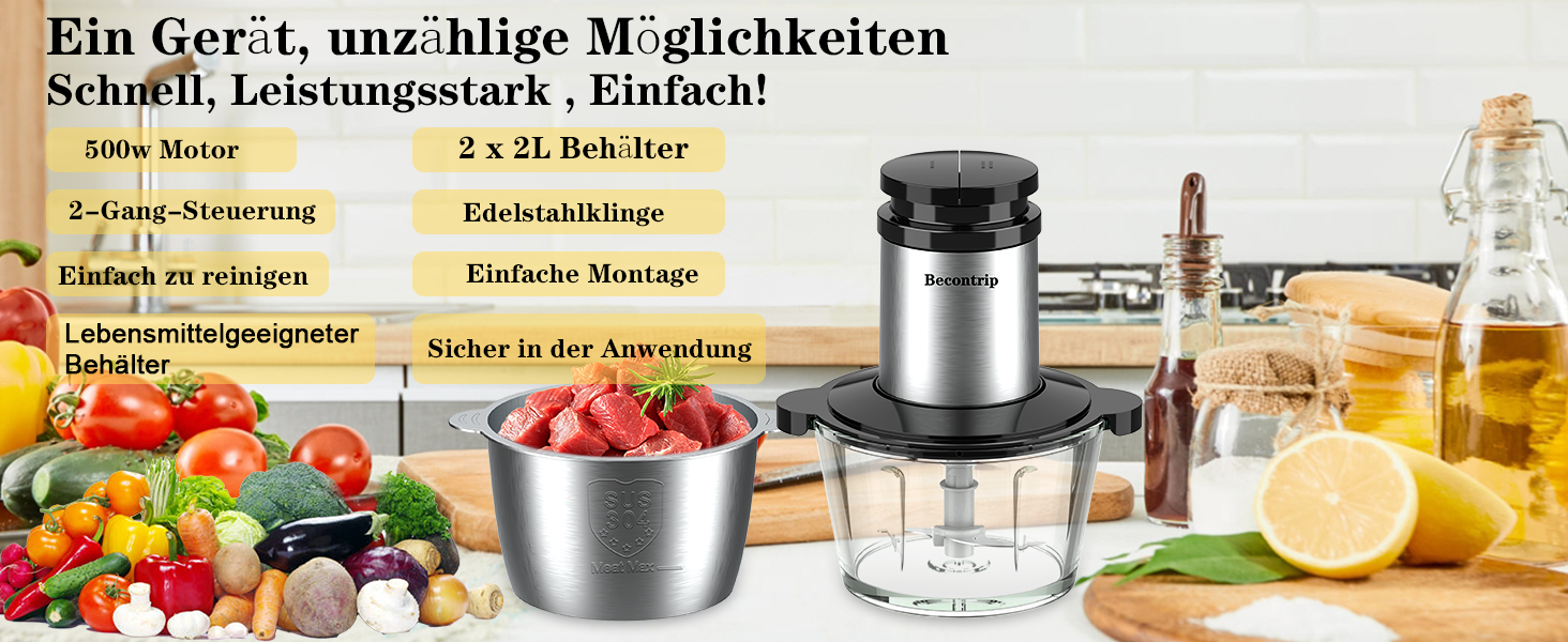 Електричний подрібнювач для кухні [500W] з нержавіючою сталлю, 2L чаша (скло+нержавіюча сталь) – кухонний комбайн для дитячого харчування, м'яса, овочів, цибулі (мідний двигун)