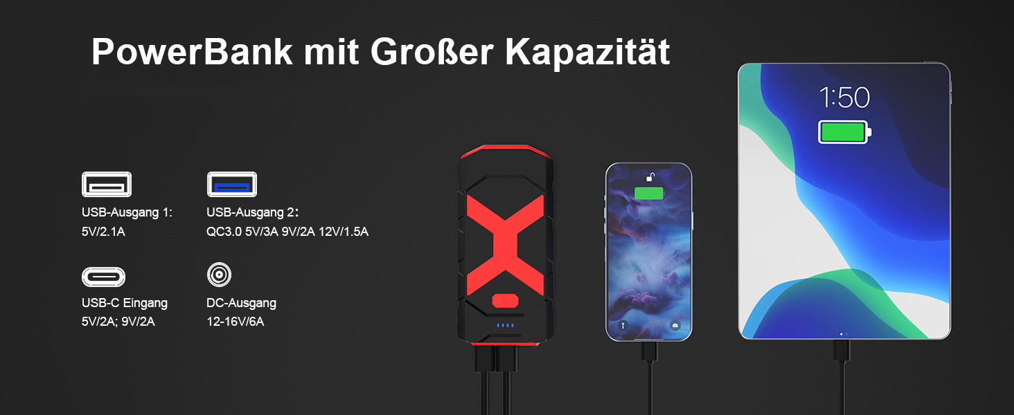 Портативний акумулятор-пусковий пристрій POWKEY для автомобілів, 2000A, 12V, з LED-ліхтариком та 2 USB-виходами (червоний)