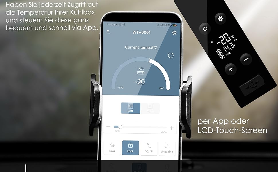Автомобільний компресорний холодильник KESSER 42L з Wi-Fi, 12/24/230V, до -20°C, колеса, телескопічна ручка, хакі + 2 акумулятори холоду