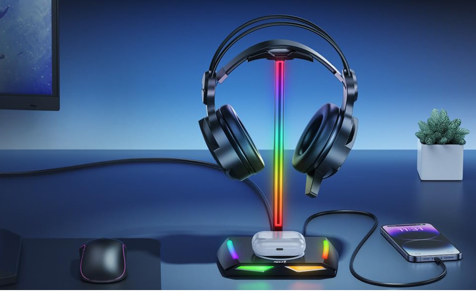 Підставка для навушників Feegar з RGB підсвічуванням та бездротовим зарядним пристроєм, для геймінгу, з USB та Type-C, 11 режимів підсвічування