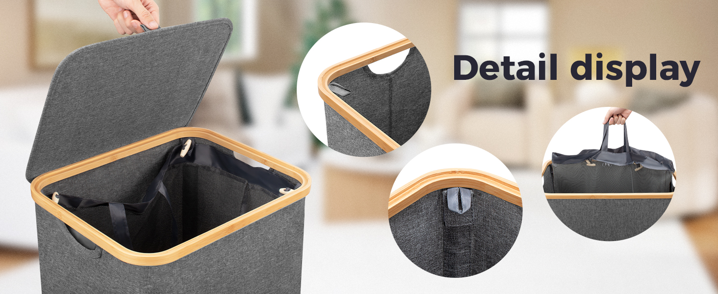 Кошик для білизни Rieeyrslza з кришкою, 158 л, бамбук, 2 мішки, Oxford, складний, сортувальник, для ковдр та одягу (сірий)
