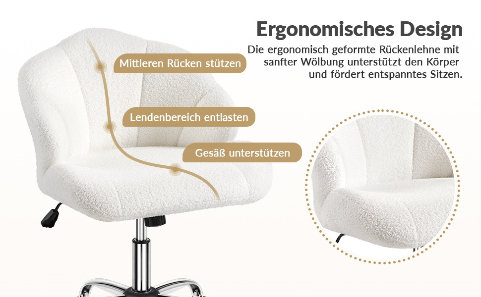 Крісло для дому та офісу Yaheetech, крісло для макіяжу, регульоване по висоті, поворотне, офісне крісло у формі мушлі, крісло з роликами, оксамитове крісло, до 136 кг, білий (сніжно-білий)