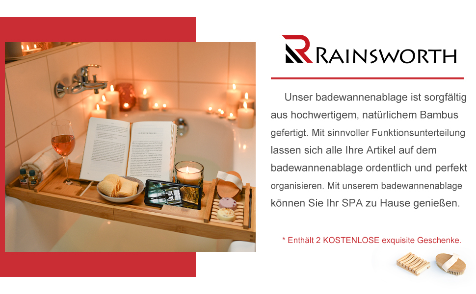 Дерев'яна стійка для ванни Rainsworth, Бамбукова стійка для ванни, Піддон для ванни з тримачем для скла, Дошка для ванни з тримачем для мила, Щітка для ванни, BHD 75-115 x 4,5 x 23 см, натуральний натуральний