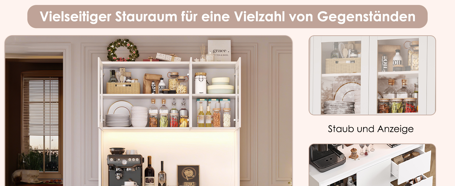 Кухонна шафа FirFurd з LED-підсвічуванням, буфет, комод з робочою поверхнею, 3 висувні ящики, регульована полиця, 180x100x38.5 см (білий)